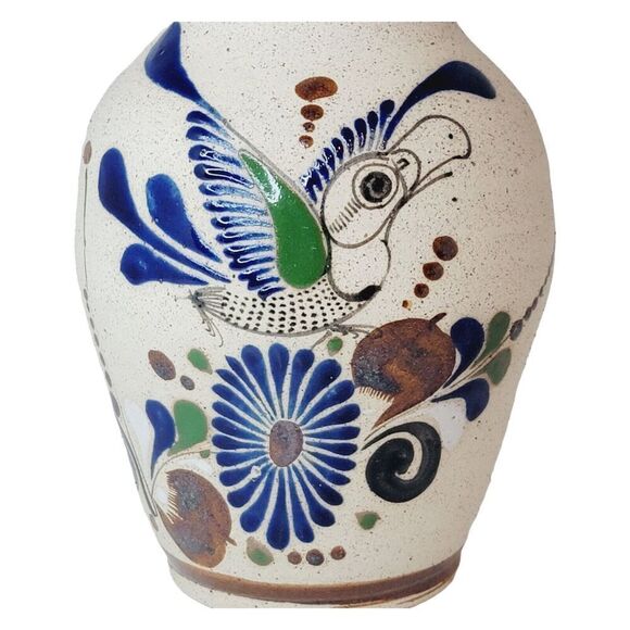 Tonala Mexico Folk Art Pottery Stoneware Bird Flower Signed Vase JC - Picture 6 of 9